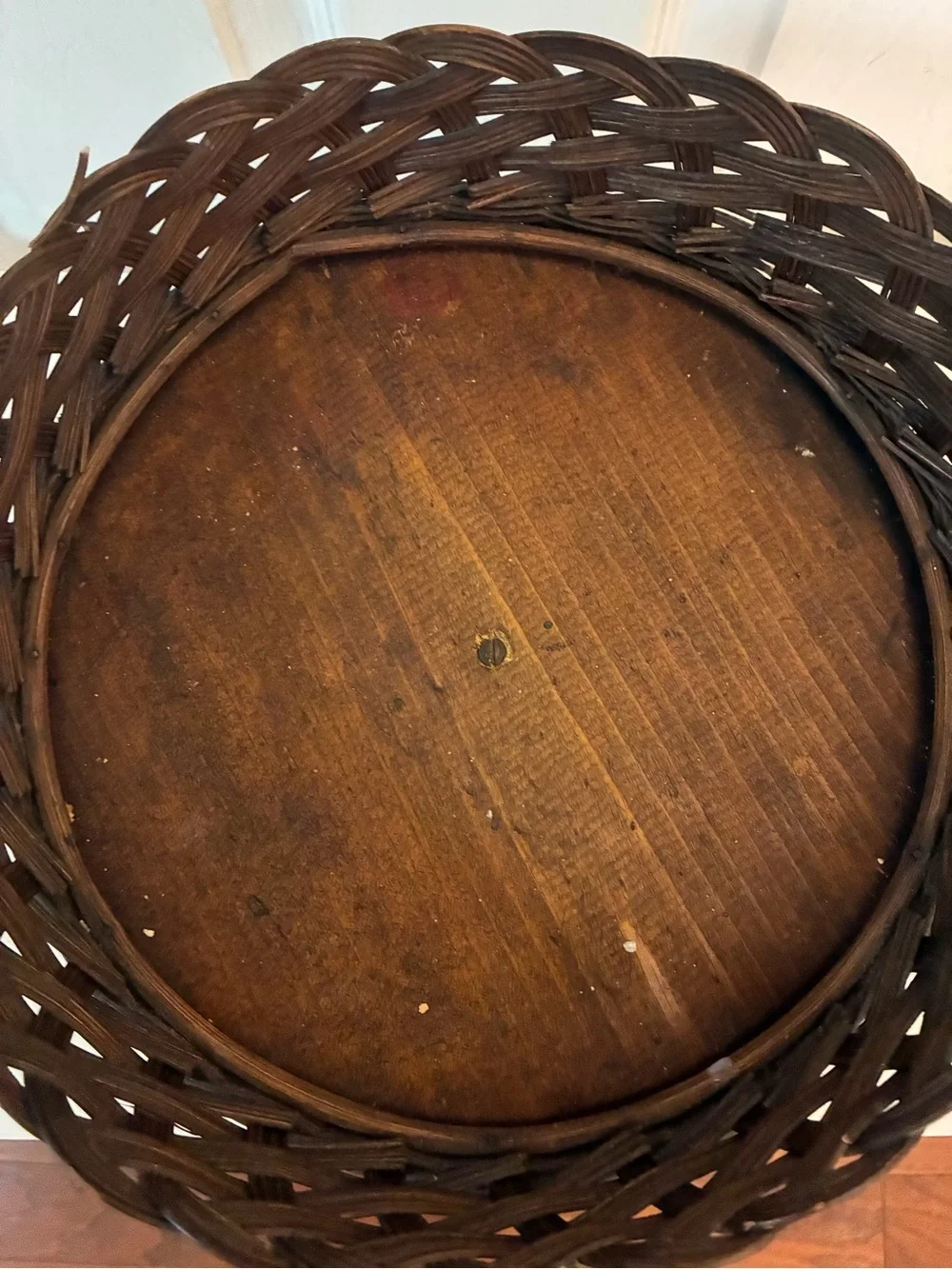 Vintage Handwoven Rattan Pedestal Bowl Scalloped Rim Wicker Centerpiece Rustic